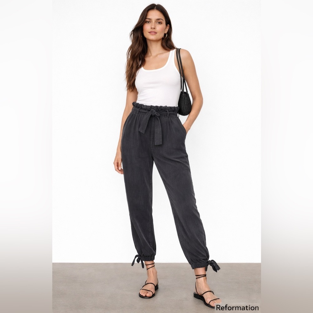 Reformation Washed Black Paperbag Waist Tencel Pants Tie Ankle Size 10 office